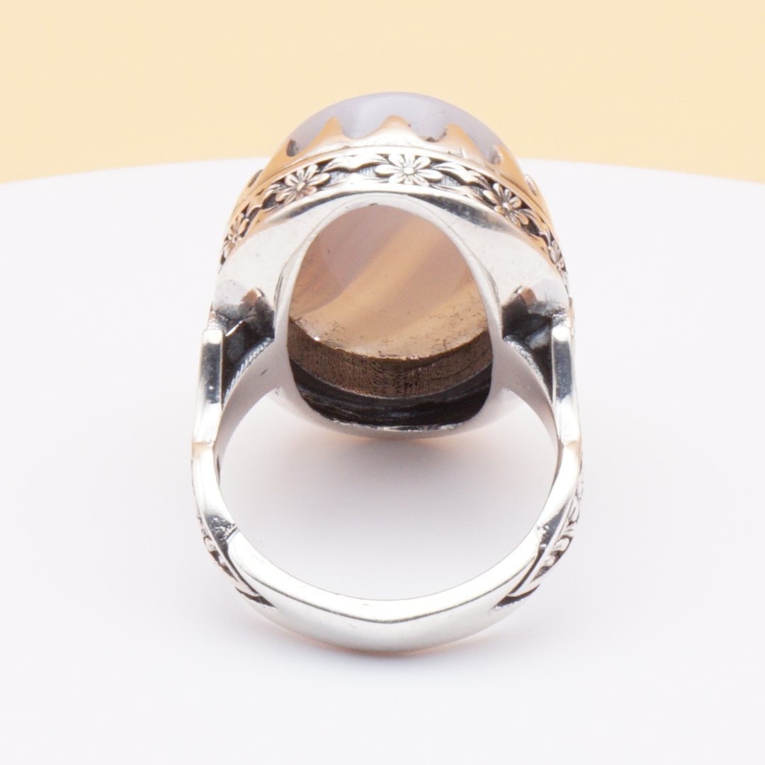 925 Silber Herrenring mit Jemen Achat - Aqeeq Yamani Handarbeit