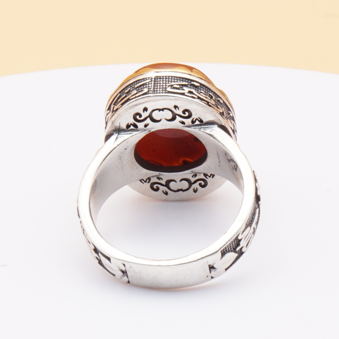 925 Silber Herrenring mit Jemen Achat - Aqeeq Yamani mit Gravur - Handarbeit
