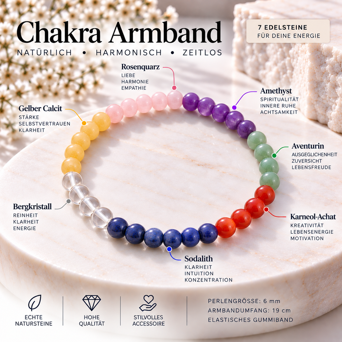 Chakra Edelstein-Armband – 7 Edelsteine – 6 mm