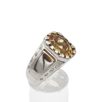 Massiver 925 Silberring mit echtem Citrin und 16 Zirkonia-Steinen – Handarbeit