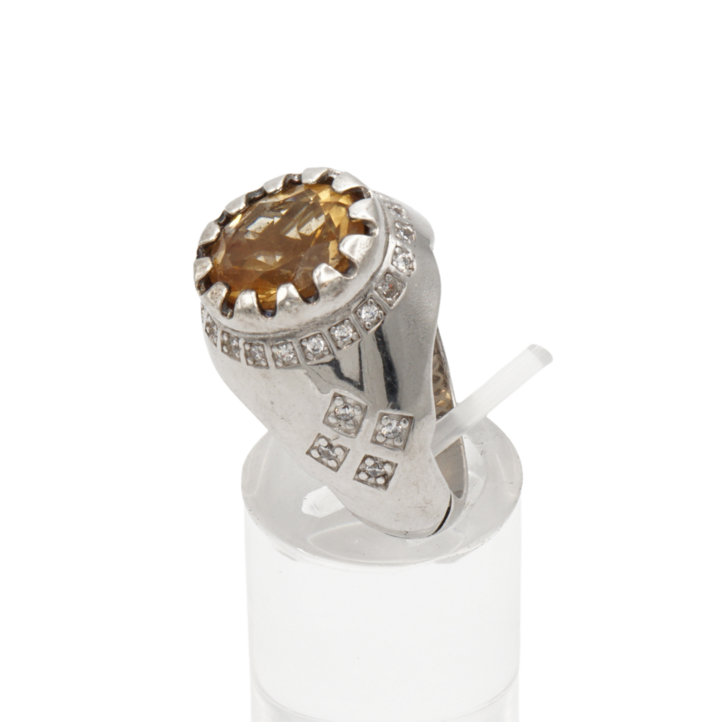 Massiver 925 Silberring mit echtem Citrin und 29 Zirkonia Steinen - Handarbeit