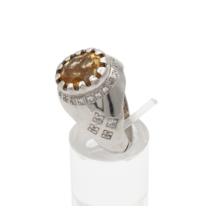 Massiver 925 Silberring mit echtem Citrin und 29 Zirkonia Steinen - Handarbeit