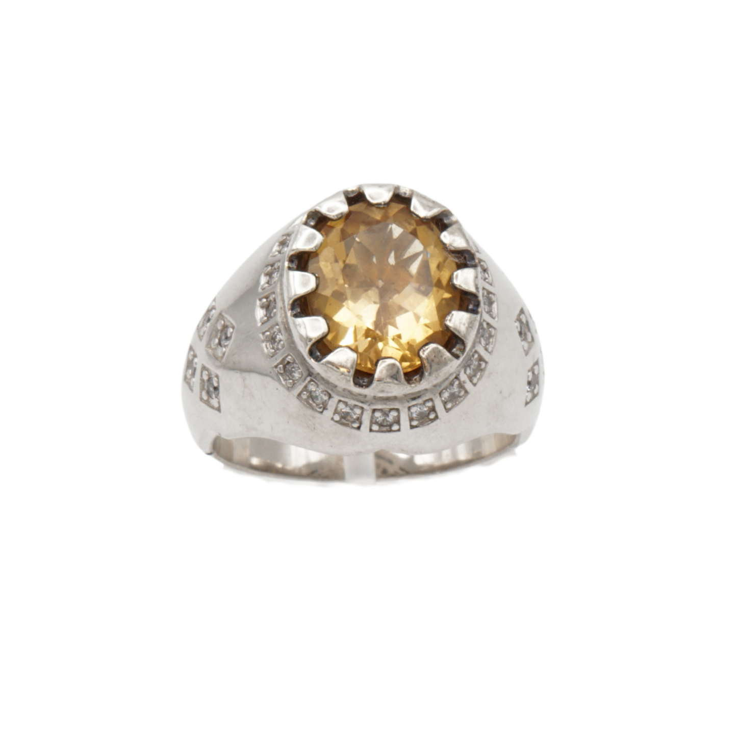 Massiver 925 Silberring mit echtem Citrin und 29 Zirkonia Steinen - Handarbeit