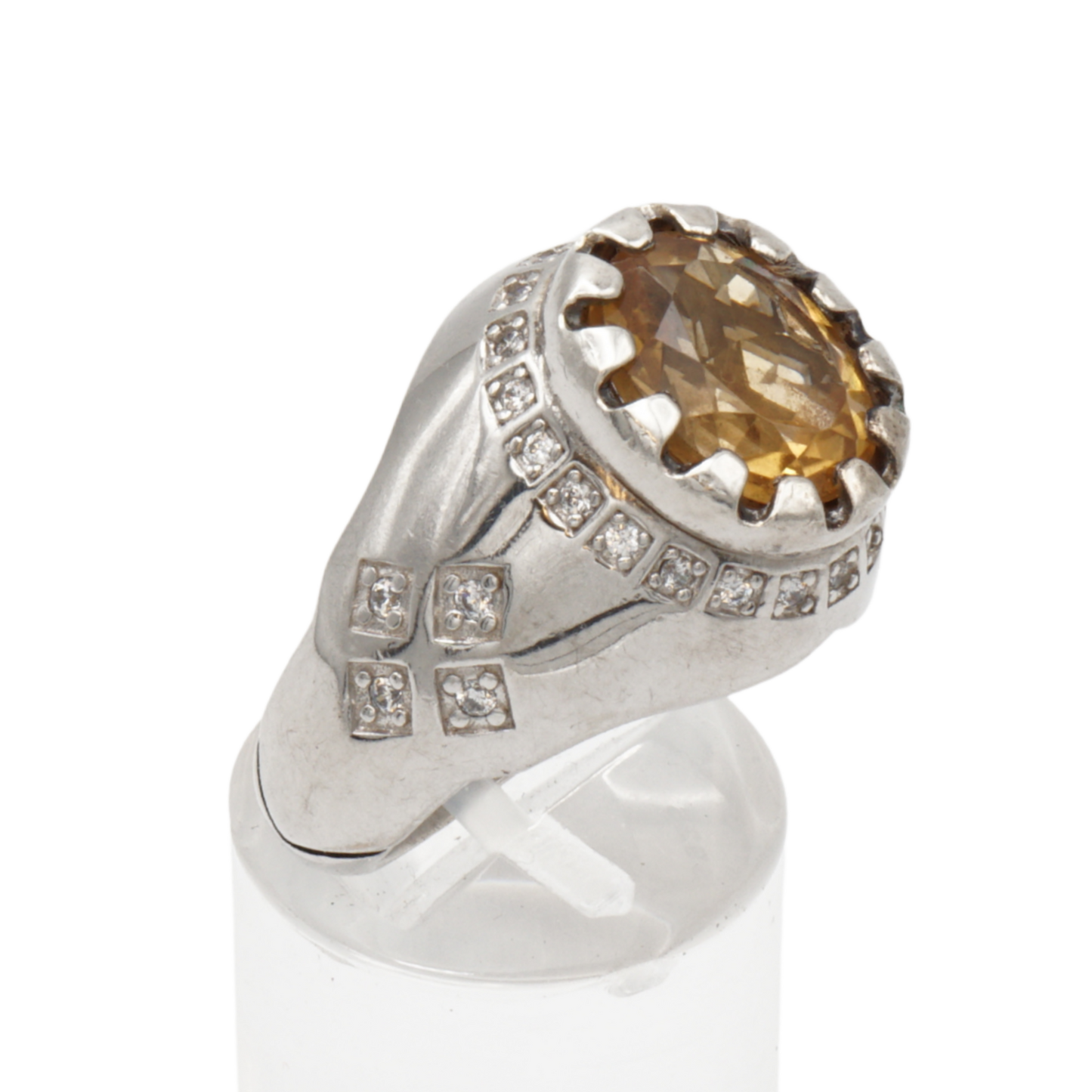 Massiver 925 Silberring mit echtem Citrin und 29 Zirkonia Steinen - Handarbeit