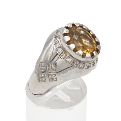 Massiver 925 Silberring mit echtem Citrin und 29 Zirkonia Steinen - Handarbeit