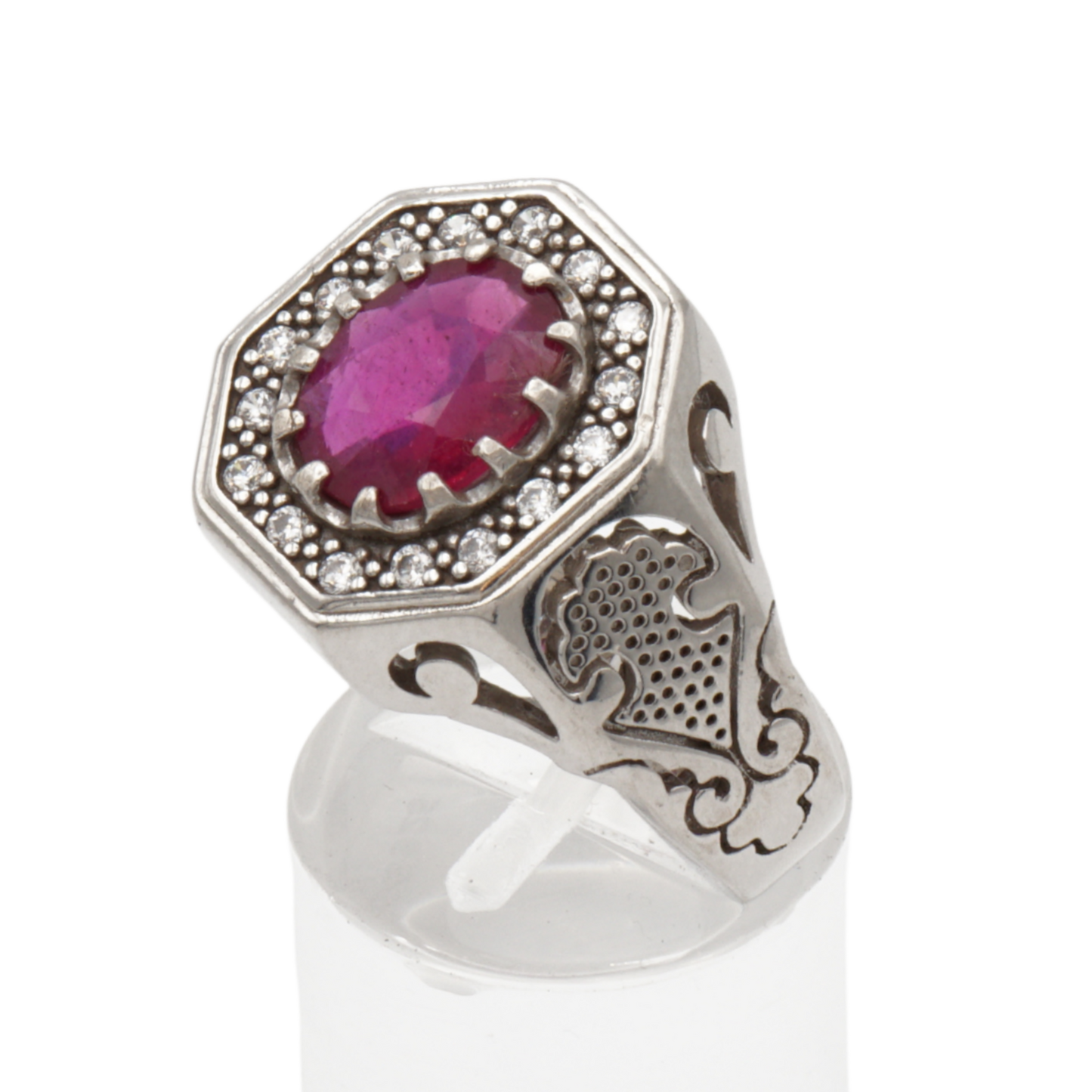 925 Silberring mit echtem Rubin und 16 Zirkonia-Steinen