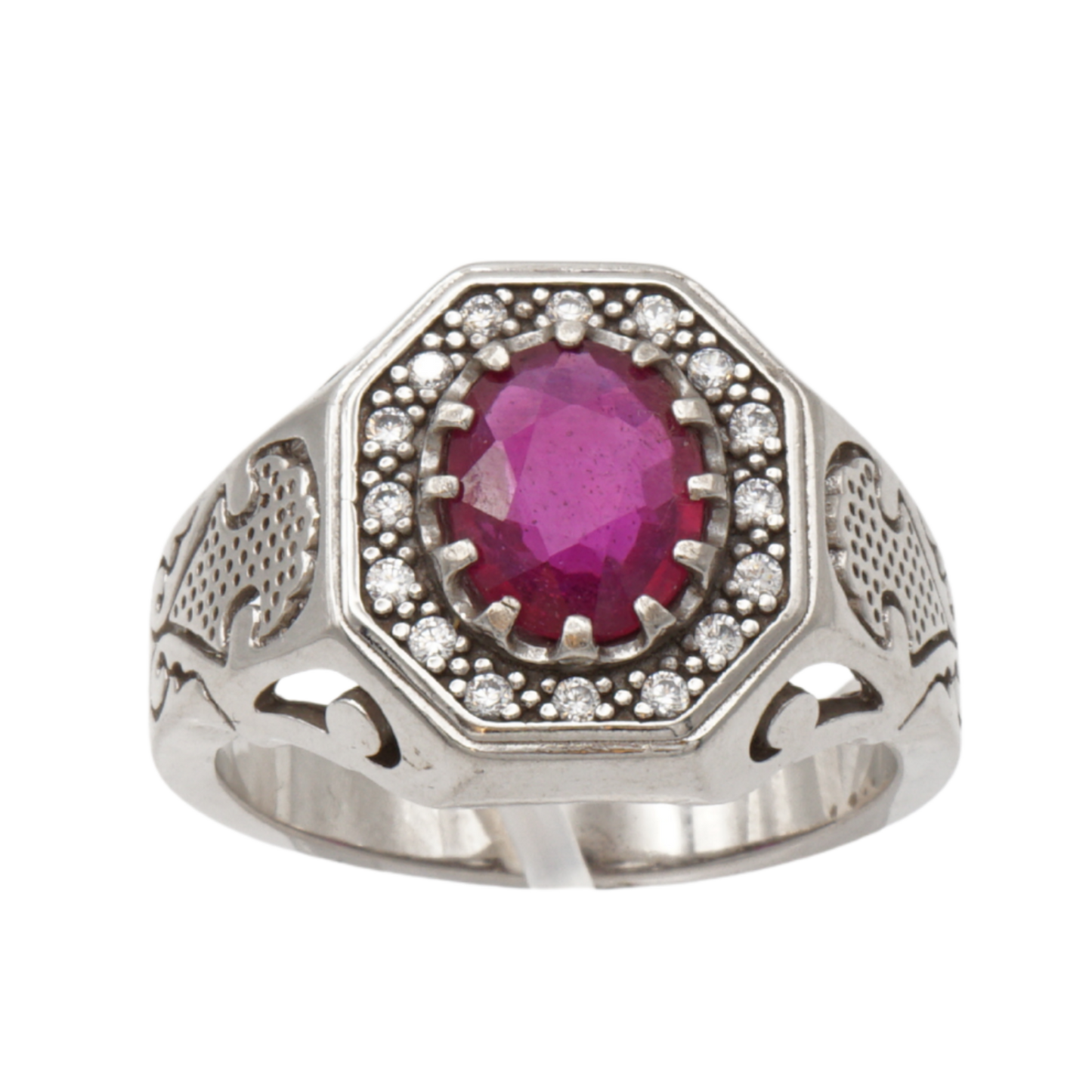 925 Silberring mit echtem Rubin und 16 Zirkonia-Steinen