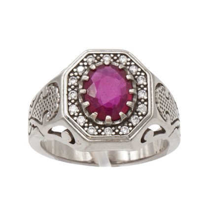 925 Silberring mit echtem Rubin und 16 Zirkonia-Steinen