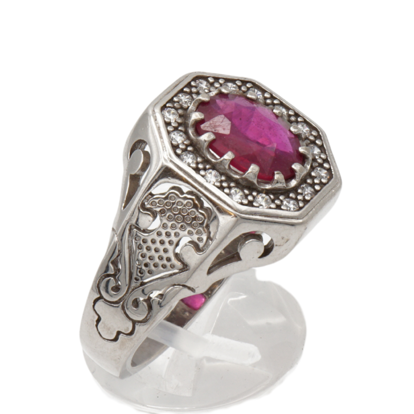 925 Silberring mit echtem Rubin und 16 Zirkonia-Steinen