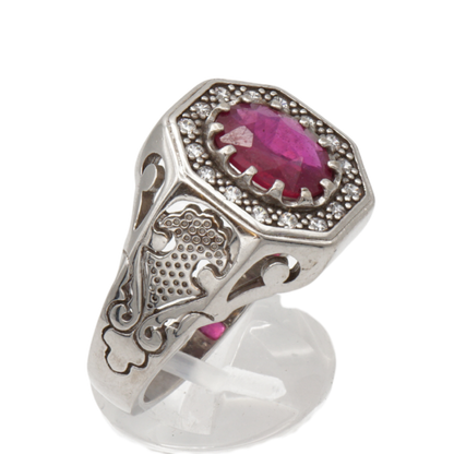 925 Silberring mit echtem Rubin und 16 Zirkonia-Steinen