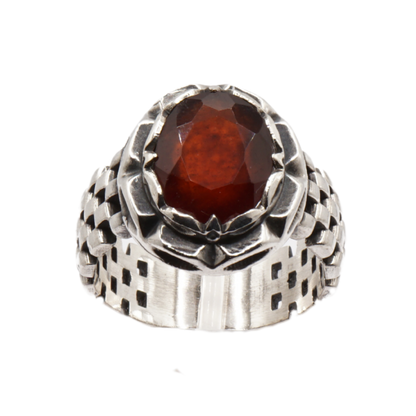 925 Silber Massiver Herrenring mit echtem Granat - Handarbeit