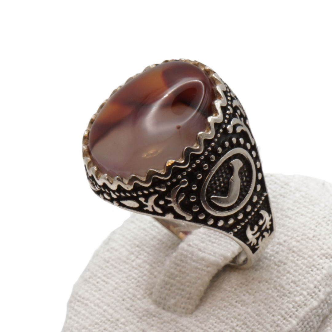 925 Silber Herren Aqeeq Ring Yamani - Jemen-Achat - Handarbeit - Massiv