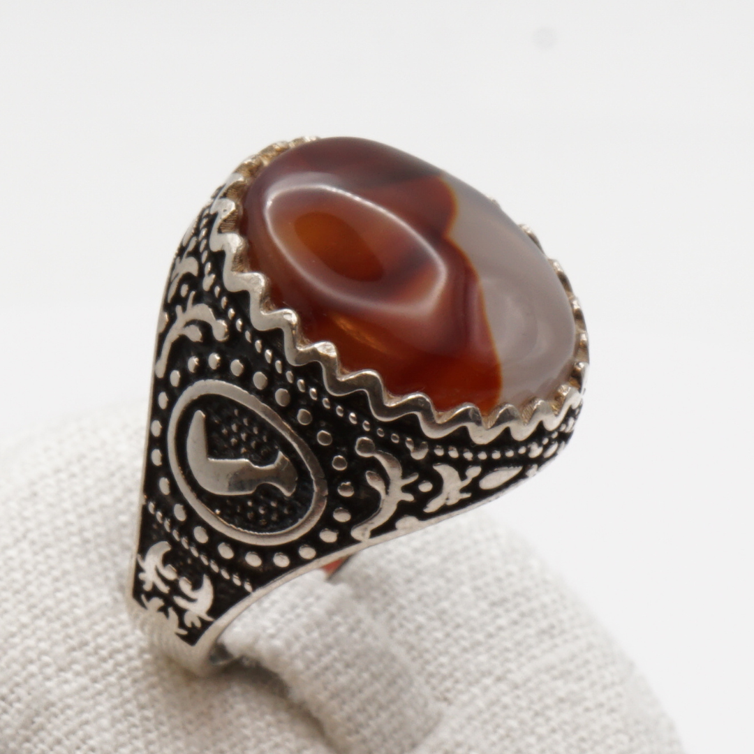 925 Silber Herren Aqeeq Ring Yamani - Jemen-Achat - Handarbeit - Massiv