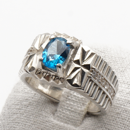 925 Silber Herrenring mit echtem Blautopas - Handarbeit - Premiumqualität