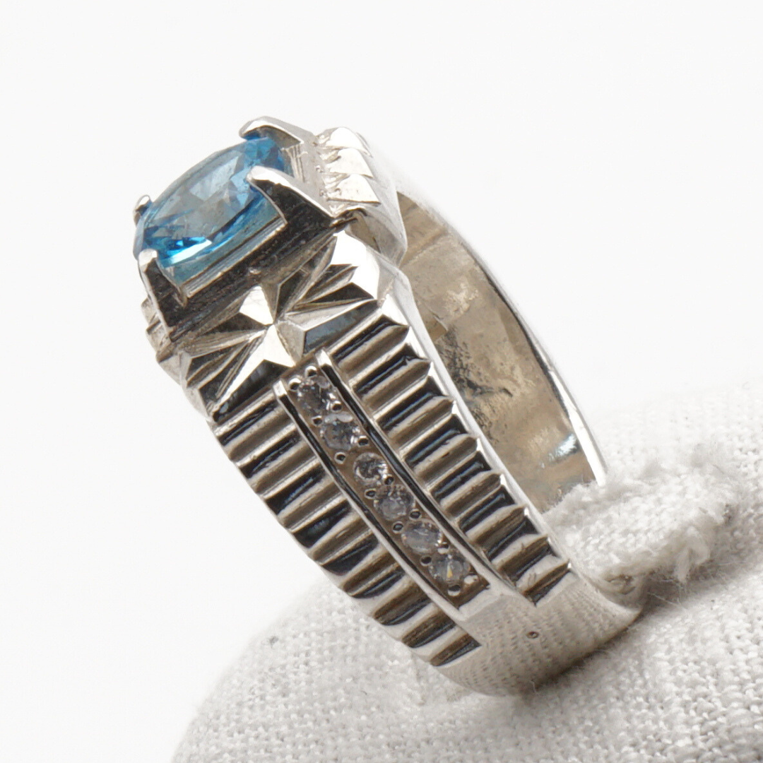 925 Silber Herrenring mit echtem Blautopas - Handarbeit - Premiumqualität