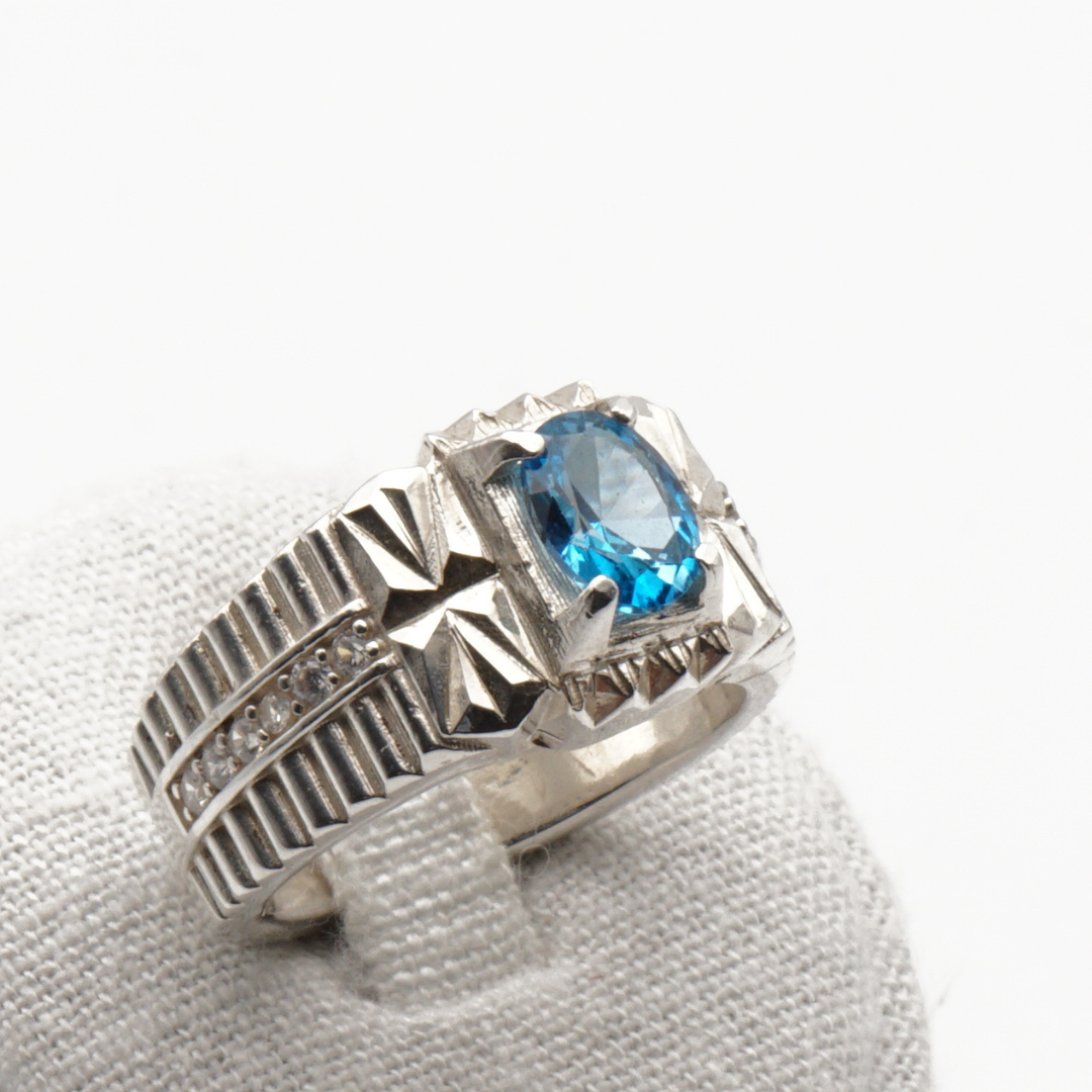 925 Silber Herrenring mit echtem Blautopas - Handarbeit - Premiumqualität