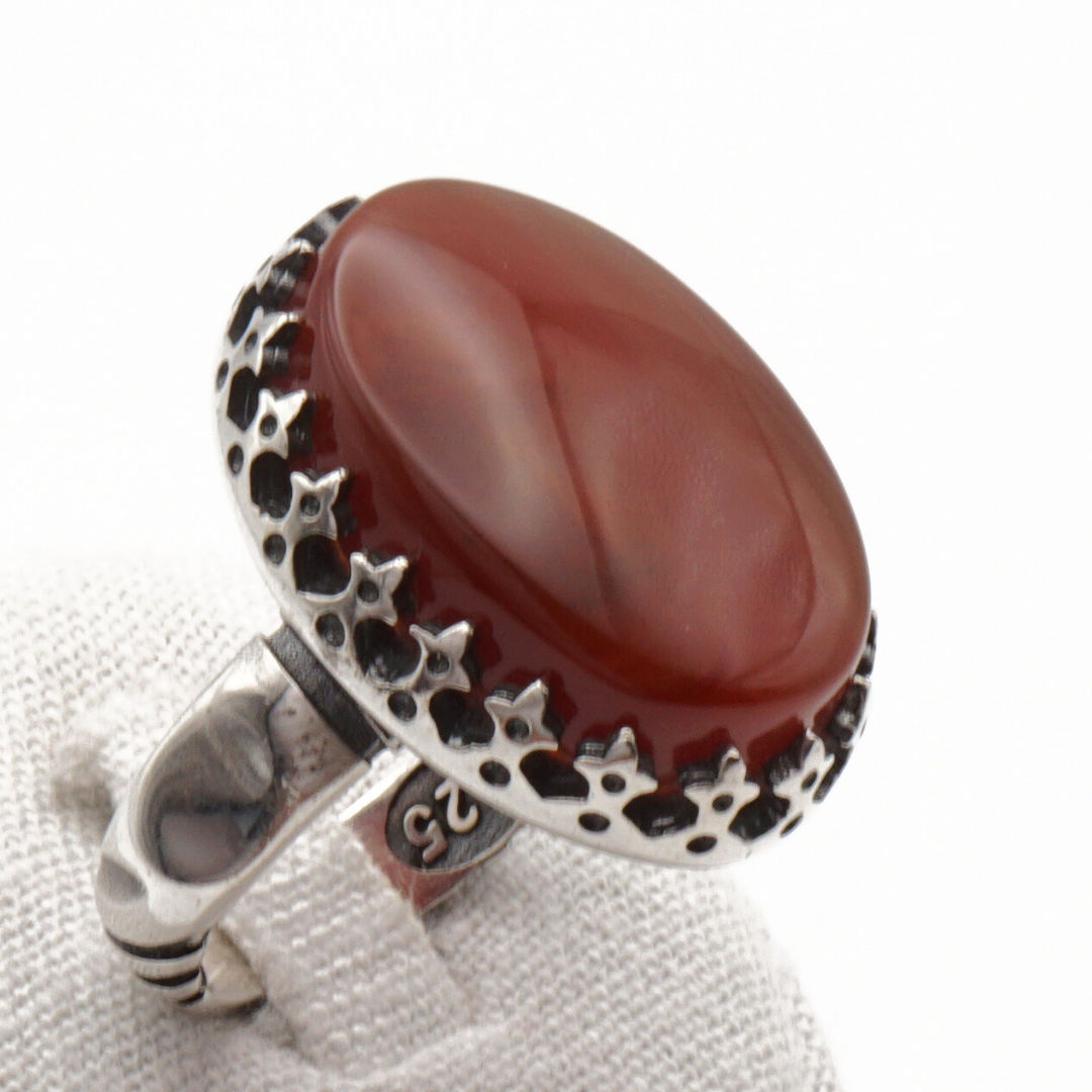 925 Silber Herrenring mit Jemen Achat - Aqeeq Yamani Handarbeit - Premium