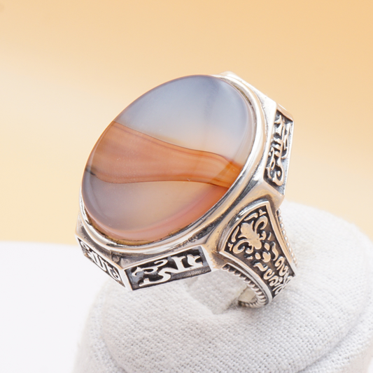 925 Silber Luxuriöser Herrenring mit Jemen Achat - Aqeeq Yamani Handarbeit