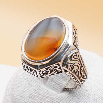 925 Silber Luxuriöser Herrenring mit Jemen Achat - Aqeeq Yamani Handarbeit
