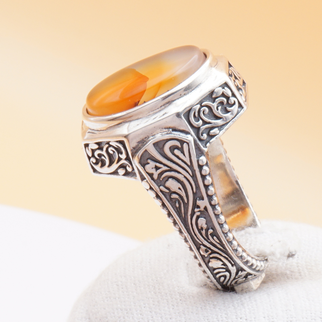 925 Silber Luxuriöser Herrenring mit Jemen Achat - Aqeeq Yamani Handarbeit