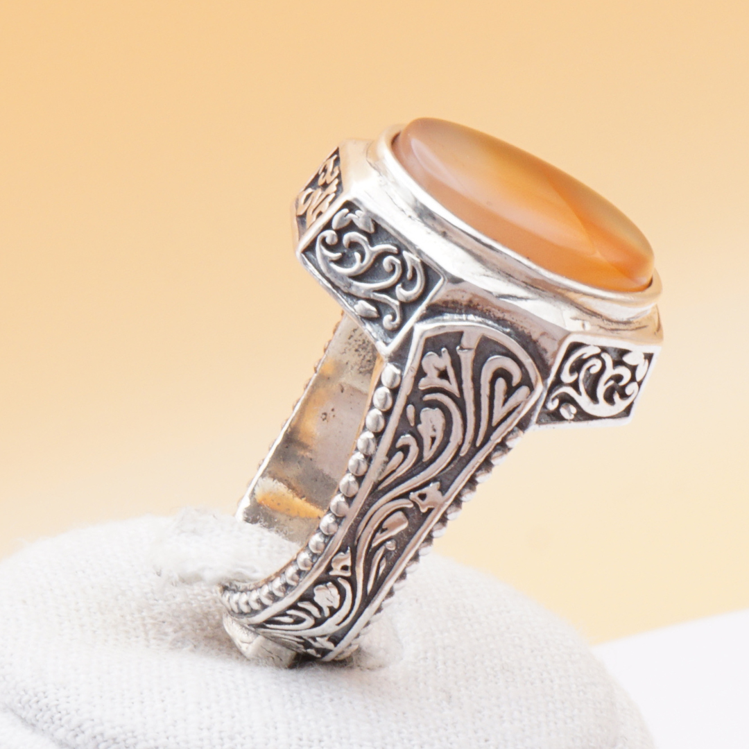 925 Silber Luxuriöser Herrenring mit Jemen Achat - Aqeeq Yamani Handarbeit