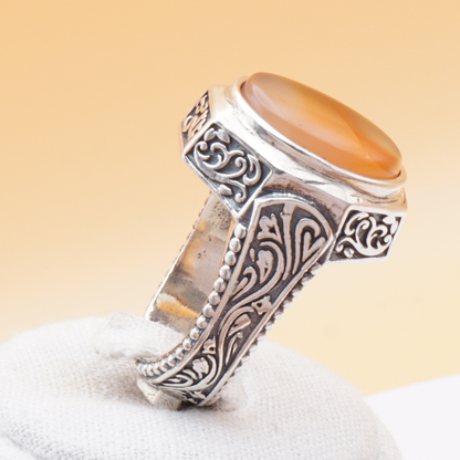 925 Silber Luxuriöser Herrenring mit Jemen Achat - Aqeeq Yamani Handarbeit