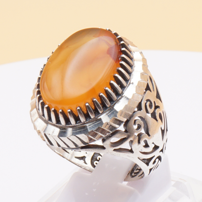 925 Silber Herrenring mit Jemen Achat - Aqeeq Yamani Handarbeit