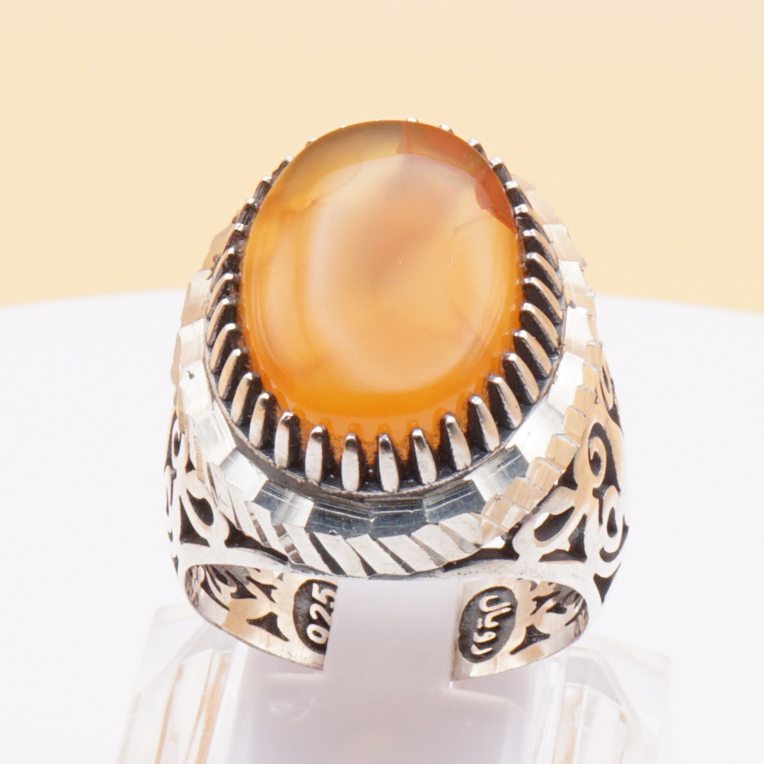925 Silber Herrenring mit Jemen Achat - Aqeeq Yamani Handarbeit