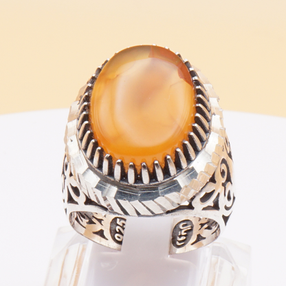 925 Silber Herrenring mit Jemen Achat - Aqeeq Yamani Handarbeit