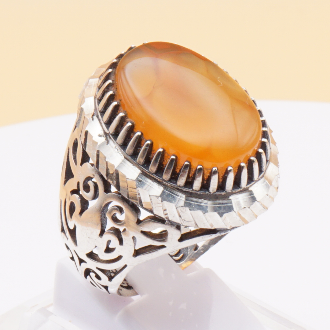 925 Silber Herrenring mit Jemen Achat - Aqeeq Yamani Handarbeit