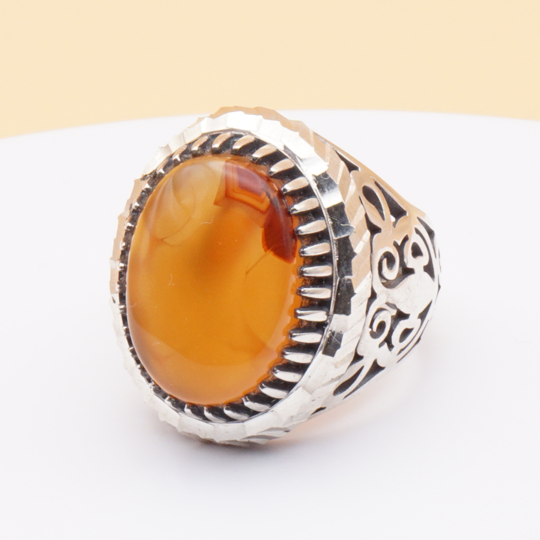 925 Silber Herrenring mit Jemen Achat - Aqeeq Yamani Handarbeit