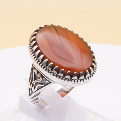 925 Silber Herrenring mit Jemen Achat - Aqeeq Yamani Handarbeit