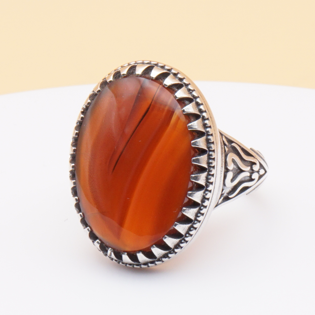 925 Silber Herrenring mit Jemen Achat - Aqeeq Yamani Handarbeit