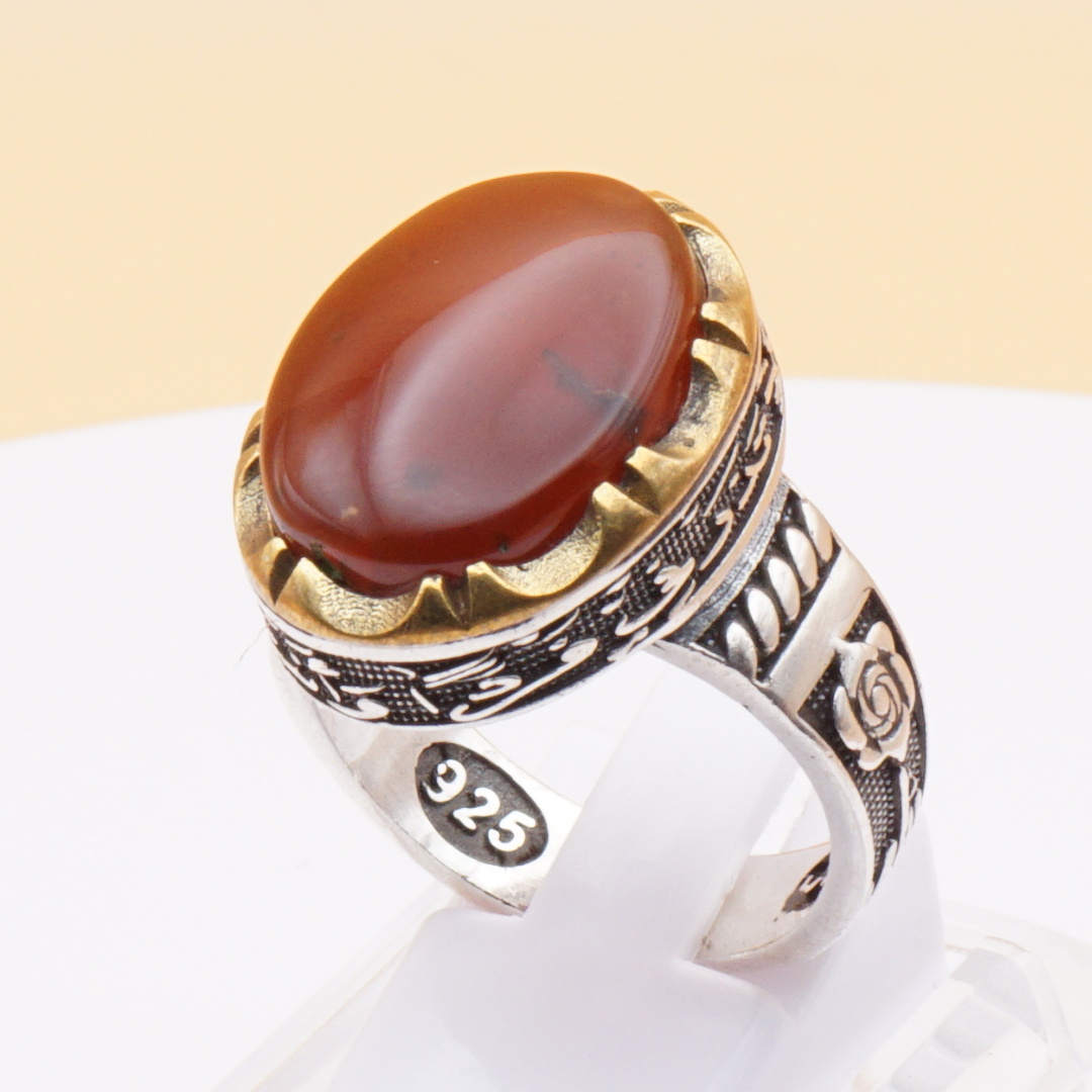925 Silber Herrenring mit Jemen Achat - Aqeeq Yamani mit Gravur - Handarbeit