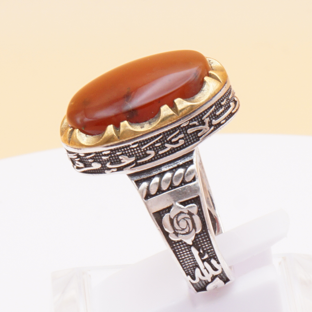925 Silber Herrenring mit Jemen Achat - Aqeeq Yamani mit Gravur - Handarbeit