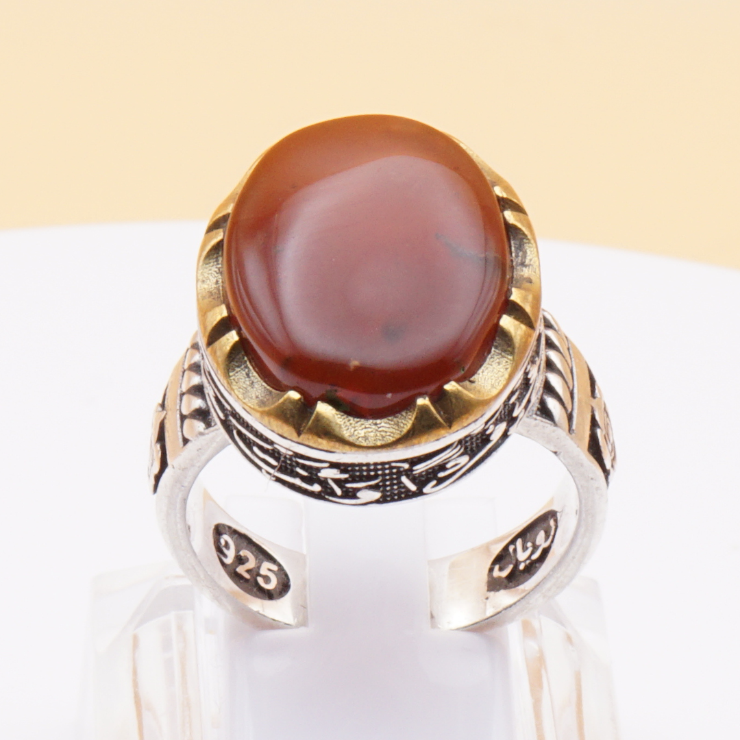 925 Silber Herrenring mit Jemen Achat - Aqeeq Yamani mit Gravur - Handarbeit