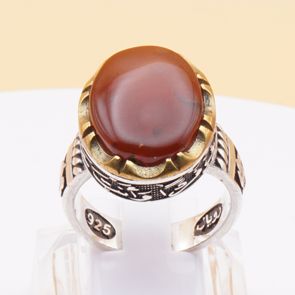925 Silber Herrenring mit Jemen Achat - Aqeeq Yamani mit Gravur - Handarbeit