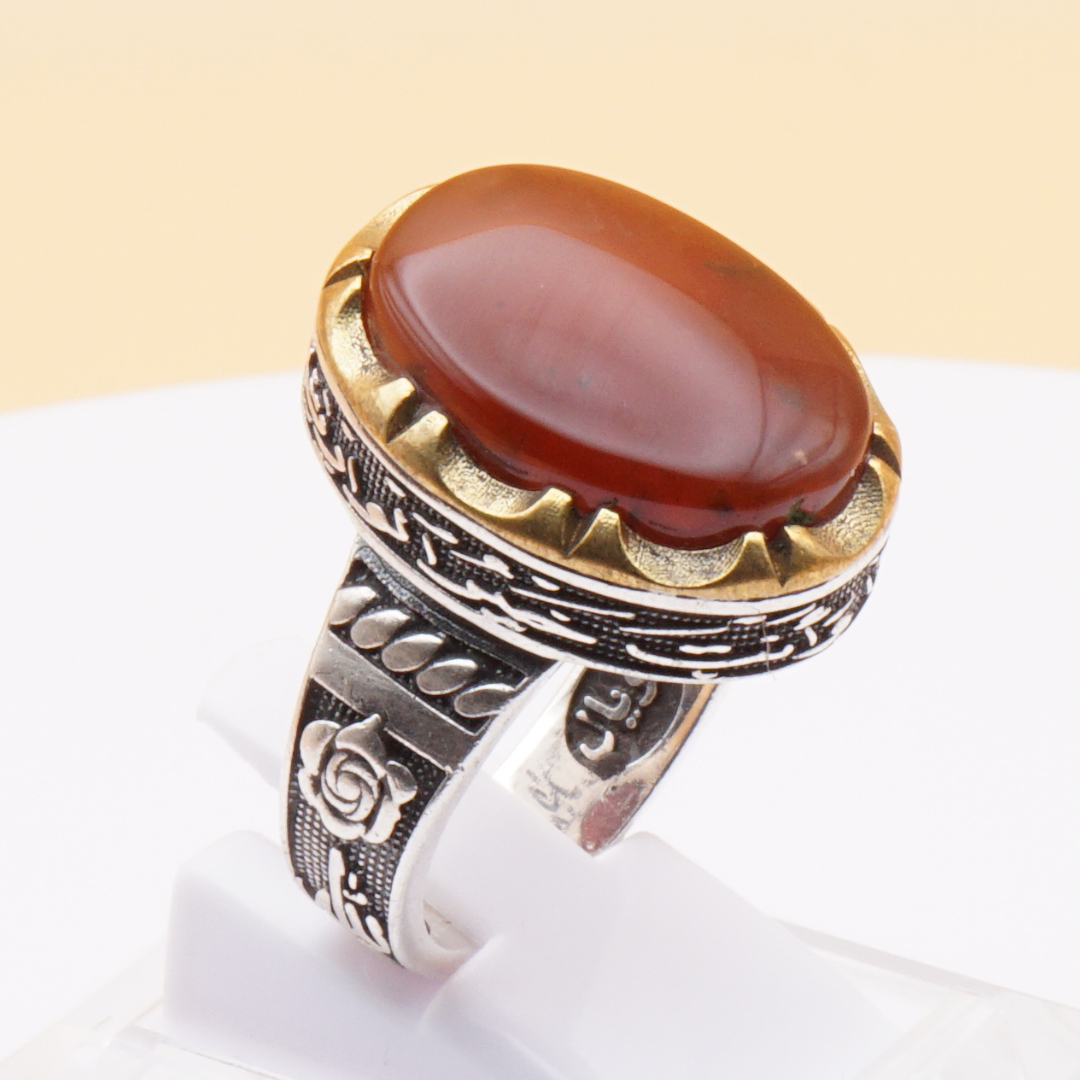 925 Silber Herrenring mit Jemen Achat - Aqeeq Yamani mit Gravur - Handarbeit