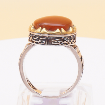 925 Silber Herrenring mit Jemen Achat - Aqeeq Yamani mit Gravur - Handarbeit
