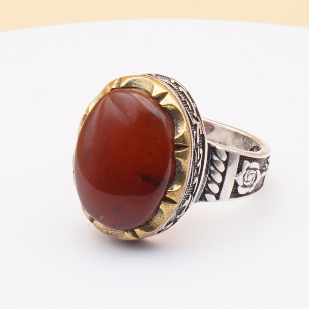 925 Silber Herrenring mit Jemen Achat - Aqeeq Yamani mit Gravur - Handarbeit