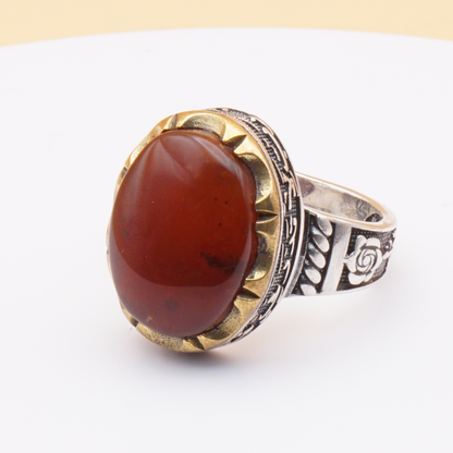 925 Silber Herrenring mit Jemen Achat - Aqeeq Yamani mit Gravur - Handarbeit