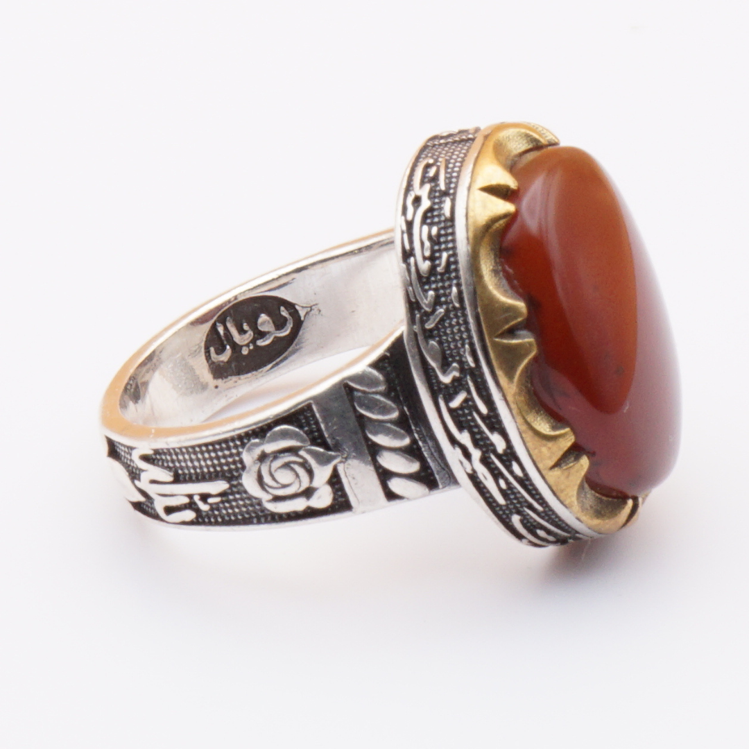 925 Silber Herrenring mit Jemen Achat - Aqeeq Yamani mit Gravur - Handarbeit