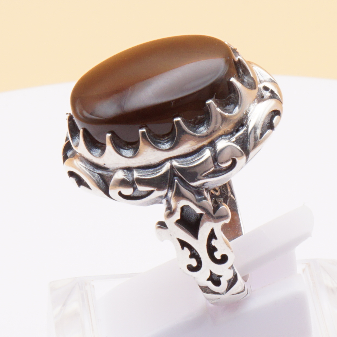 925 Silber Herrenring mit Jemen Achat - Aqeeq Yamani Handarbeit