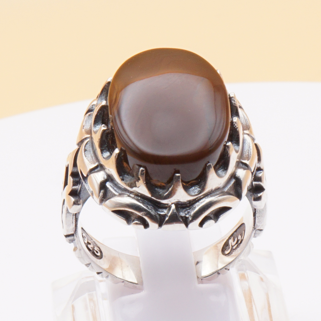 925 Silber Herrenring mit Jemen Achat - Aqeeq Yamani Handarbeit