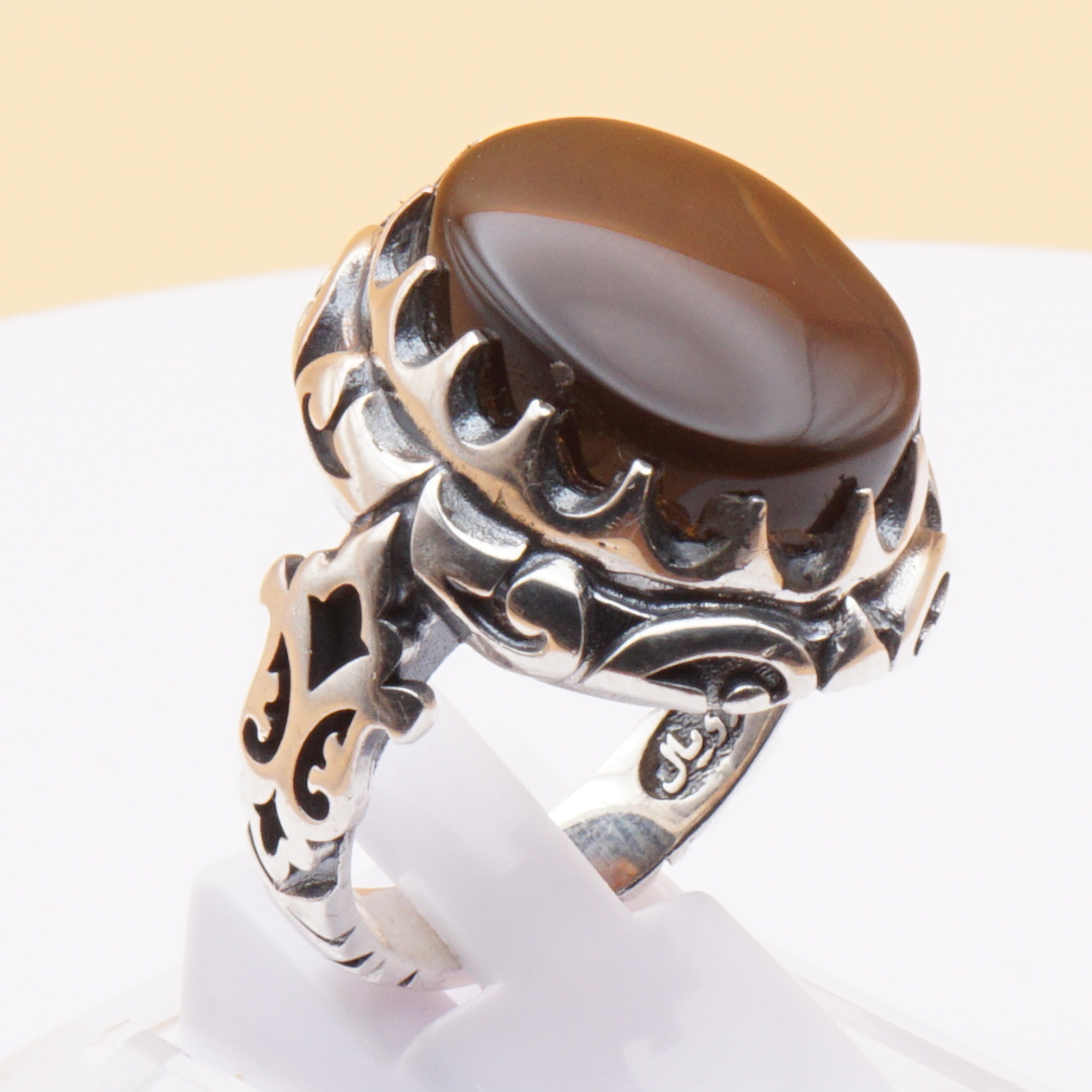 925 Silber Herrenring mit Jemen Achat - Aqeeq Yamani Handarbeit
