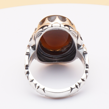 925 Silber Herrenring mit Jemen Achat - Aqeeq Yamani Handarbeit