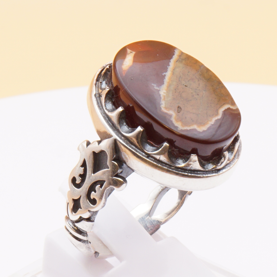 925 Silber Herrenring mit Jemen Achat - Aqeeq Yamani Handarbeit