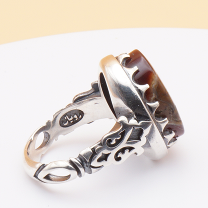 925 Silber Herrenring mit Jemen Achat - Aqeeq Yamani Handarbeit