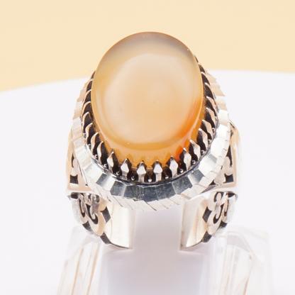 925 Silber Herrenring mit Jemen Achat - Aqeeq Yamani Handarbeit