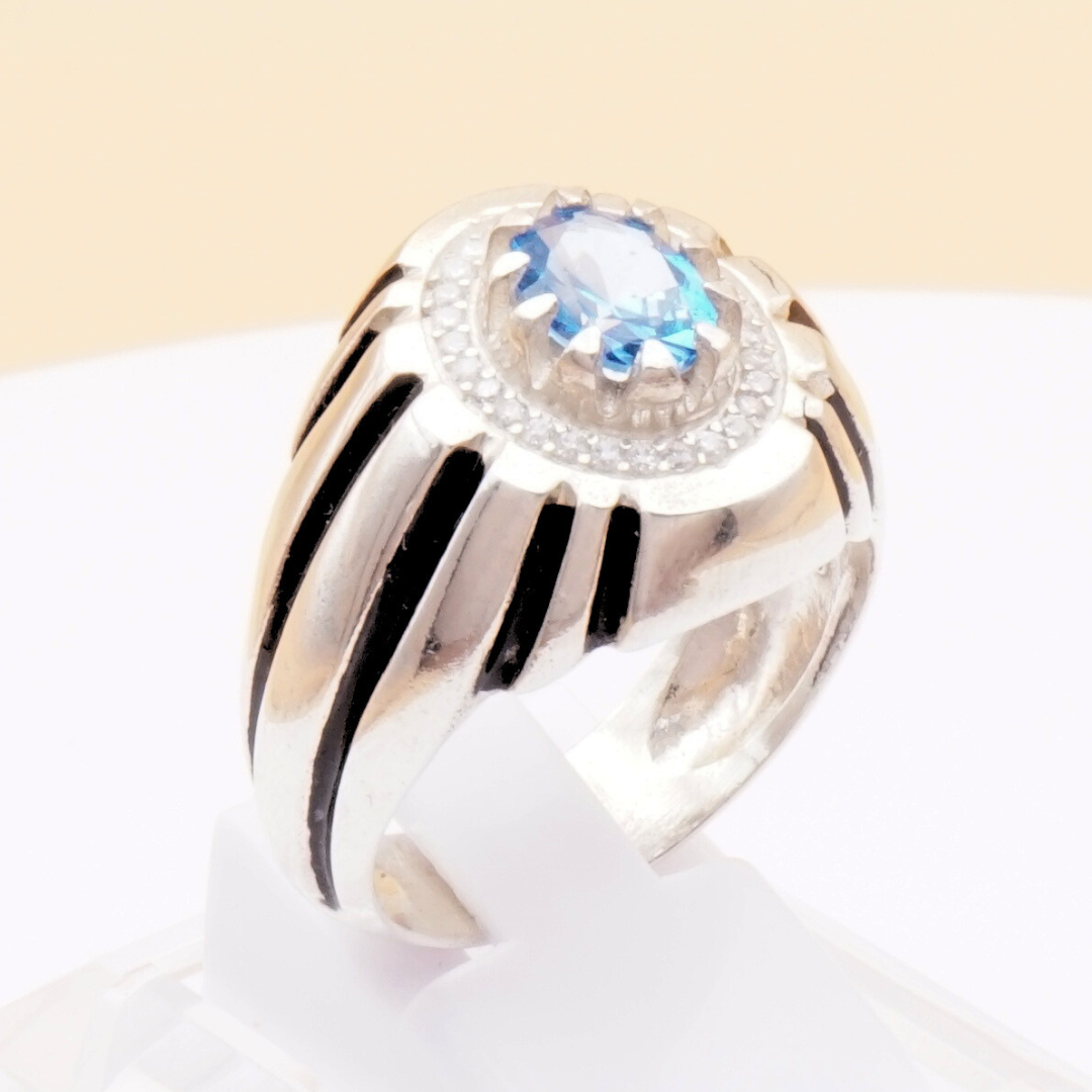 925 Silber Herrenring mit echtem Blautopas